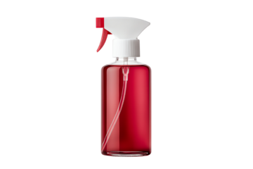 Red spray bottle with white nozzle, isolated on white background.