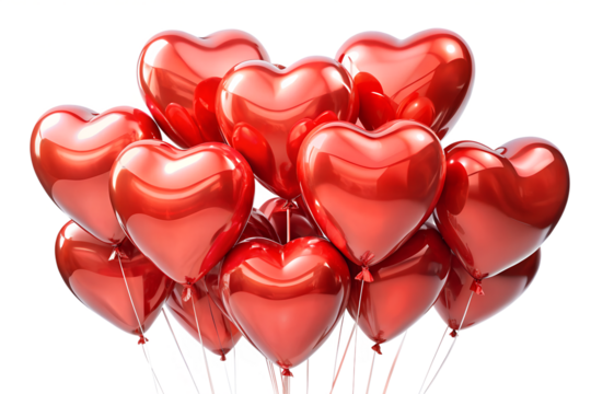 A large bunch of red heartshaped balloons floating together, isolated on a transparent background