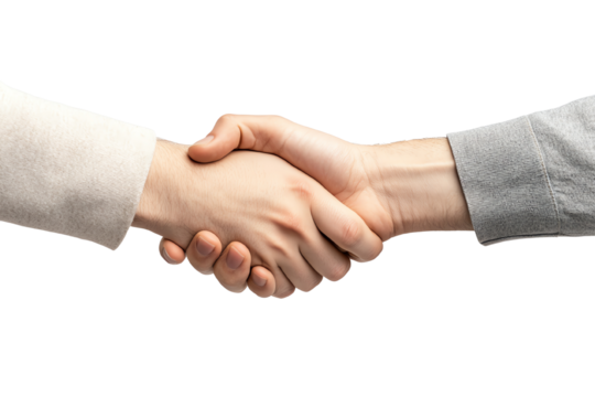 Two hands shaking, symbolizing agreement and partnership, isolated on a white background.