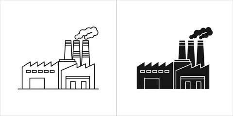 Obraz premium Industrial factory with smoking chimneys, black and white outline and solid fill versions
