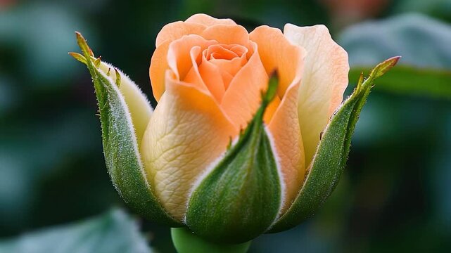 A close-up shot of a yellow rose bud growing in a lush garden, with green leaves and stems
