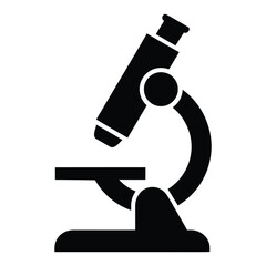 black silhouette of microscope in side view on white background, representing science, research, laboratory equipment, and medical analysis
