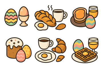 Colorful set of breakfast foods including easter eggs, pastries, coffee, and juice, all in a cheerful and cartoon-like style.