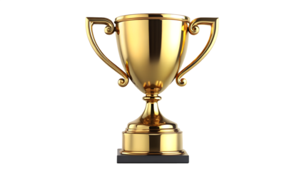 A gleaming golden trophy with handles and a black base, isolated on a transparent background, symbolizing achievement and victory