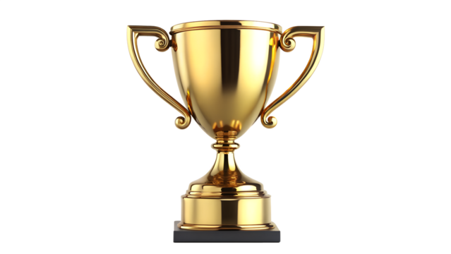 A gleaming golden trophy with handles and a black base, isolated on a transparent background, symbolizing achievement and victory