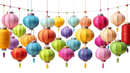 A vibrant collection of colorful paper lanterns hanging in a row, isolated on transparent background