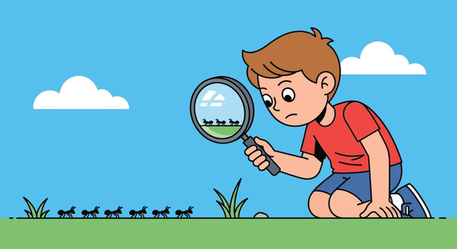 Curious young boy observing a line of ants with a magnifying glass.