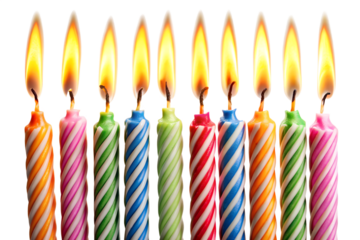 A row of colorful birthday candles with lit flames, isolated on transparent background