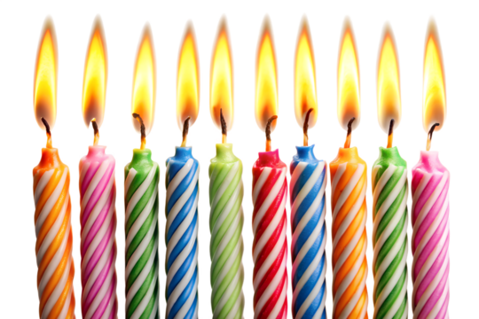 A row of colorful birthday candles with lit flames, isolated on transparent background - Powered by Adobe