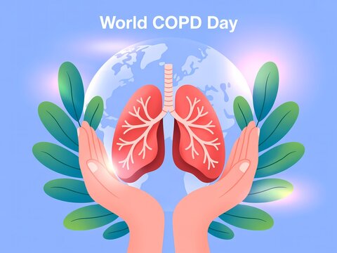 World copd day illustration showing lungs cradled by hands with earth and leaves