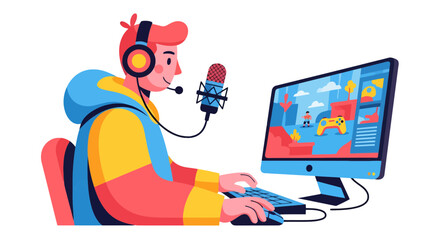 Obraz premium Gamer Live Streaming Illustrated, Playing Games and Showing Game Content Online
