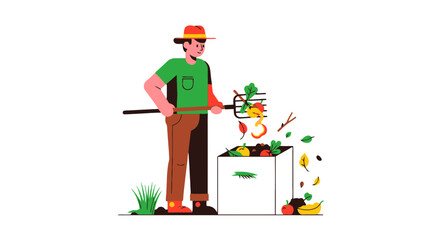 Gardener Composting Organic Waste In A Recycling Bin With Colorful Illustrations