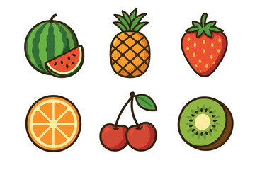 Colorful cartoon-style illustrations of six different fruits, including a watermelon, pineapple, strawberry, orange slice, cherry pair, and kiwi half.