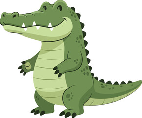 Naklejka premium Happy green cartoon alligator standing upright and smiling cheerfully.