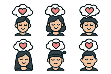 Six diverse cartoon characters with thought clouds containing hearts above their heads, depicting feelings of love and happiness.