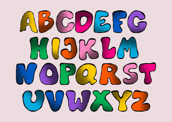 Colorful Alphabet with halftone texture set. Isolated bubble comic letters in bright rainbow colors. Hand-Drawn for comics, posters, kids designs, back-to-school. Vector illustration. Not AI