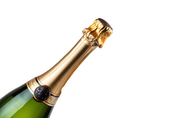 Close up of a green champagne bottle neck with gold foil and wire cage, isolated on transparent background