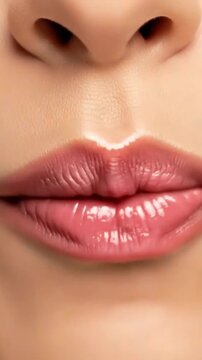 Lips are chewing. An extreme close-up of perfectly plump, glossy lips with a natural pink hue, showcasing flawless skin texture and a subtle sheen. Ideal for advertising beauty, cosmetics, and luxury 
