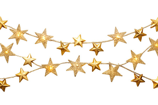 Two strings of golden starshaped christmas lights isolated on transparent background