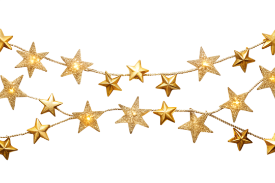 Two strings of golden starshaped christmas lights isolated on transparent background