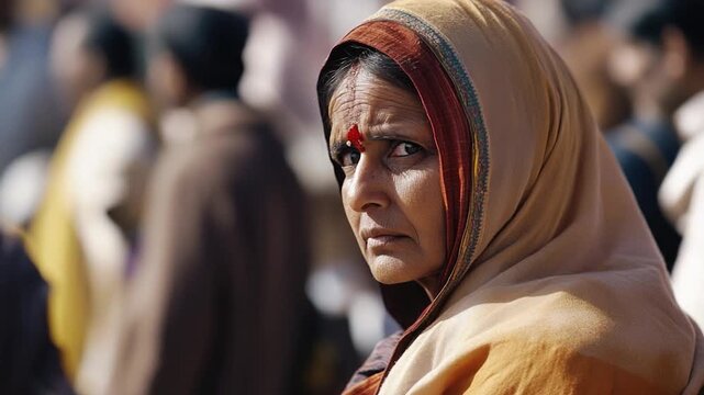 A woman wearing a headscarf blends in with a group of people, perfect for capturing the anonymity of urban life or showcasing everyday moments