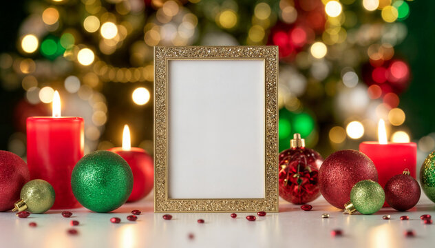 Elegant Golden Frame Displaying Joyeux Noel Greeting Surrounded by Festive Christmas Ornaments and Glowing Candles