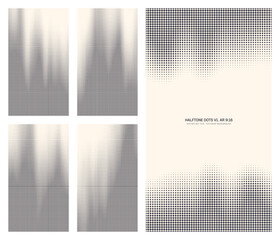 Assorted vector classic grid halftone dots pattern set in vertical 9:16 aspect ratio including faded border and various flowing textures. Miscellaneous half tone offset design design element pack