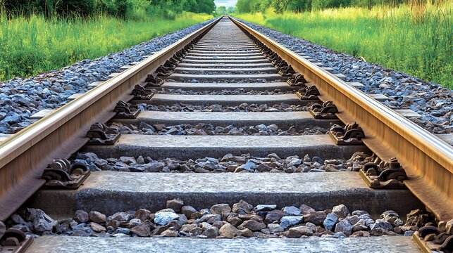 Endless train tracks vanishing into a green forest leading to adventure high resolution photo