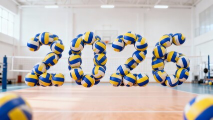 Blue and yellow volleyballs form number 2026 on indoor court, suggesting celebratory atmosphere and anticipation for year 2026, evoking sense of joyful excitement, numerical milestones