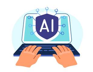 AI cpu microchip on laptop screen. Person uses artificial intelligence technology in work