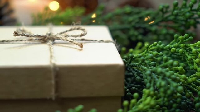 Gift box tied with twine, festive greenery, blurred lights background, for seasonal celebrations