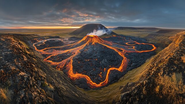 Fiery lava flow from volcano eruption at sunset dramatic landscape high resolution photo