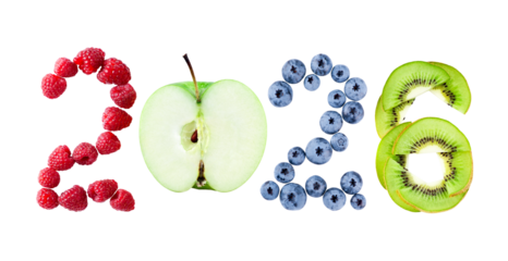 Fruits. New year 2026 made of fruits isolated on transparent background