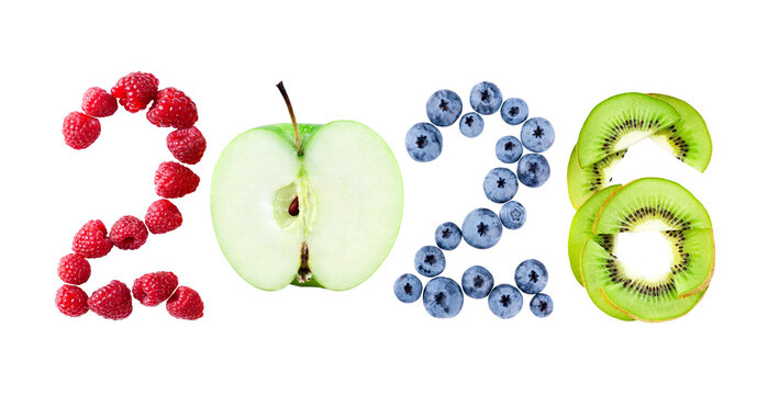 Fruits. New year 2026 made of fruits isolated on transparent background