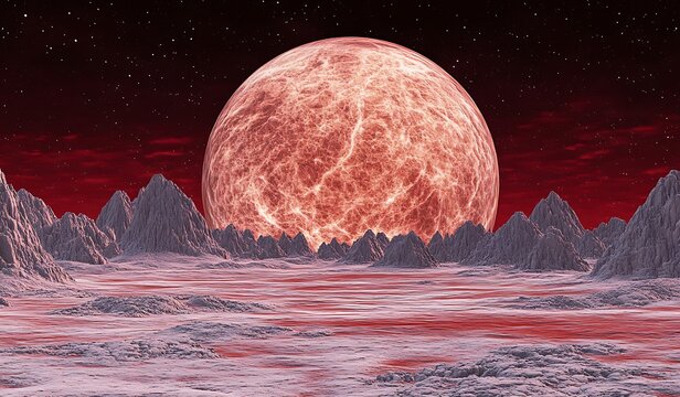 Blood moon over fantasy mountain moon art high resolution photo