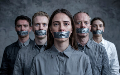 Silent voices suppressed - corporate professionals with tape covering mouths symbolizing censorship and workplace communication barriers