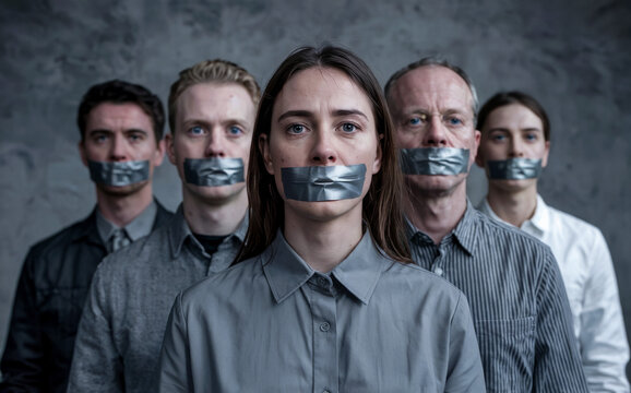 Silent voices suppressed - corporate professionals with tape covering mouths symbolizing censorship and workplace communication barriers