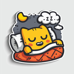 Sleeping Cat Sticker. Cute Cartoon red Kitten in Bed Vector Illustration.