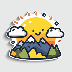 Cute Sun and Mountains Sticker. Cartoon Nature Landscape Vector Illustration.