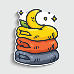 Cute Moon and Blankets Sticker. Cartoon Bedtime Sleep Vector Illustration.