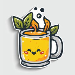 Happy Tea Mug Sticker. Cute Cartoon Cup with Smiling Face and Mint Leaves Vector Illustration.