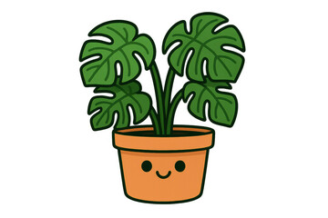 Fototapeta premium Cute monstera potted houseplant cartoon smiling, kawaii exotic tropical plant illustration on transparent background