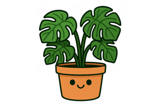 Cute monstera potted houseplant cartoon smiling, kawaii exotic tropical plant illustration on transparent background