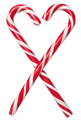 Fototapeta premium Two traditional sweet christmas candy canes with red and white stripes, crossed and isolated on transparent background for festive holiday designs