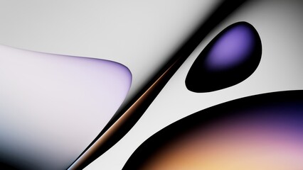 3d render. Abstract background of smooth liquid glass shapes and bubbles. Fluid gradient of pastel and neon colors