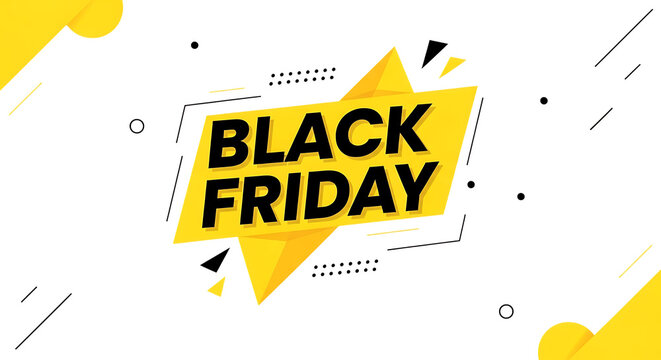 Photo of black friday sale banner with yellow geometric shapes and text, isolated on transparent background