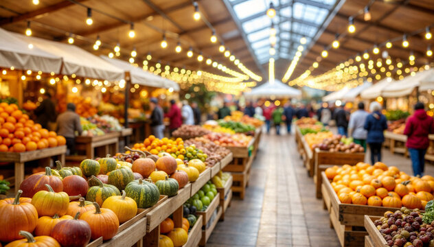 Bustling indoor farmers market showcasing vibrant autumn harvest with colorful pumpkins and seasonal produce under warm string lighting