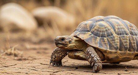 Fototapeta premium A desert tortoise walks across dry cracked earth