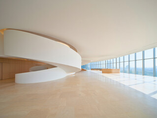 Modern interior with white spiral staircase and large windows