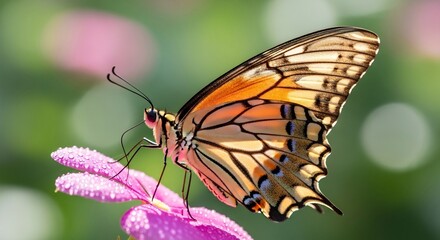 Fototapeta premium A detailed closeup of a colorful butterfly on a pink flower